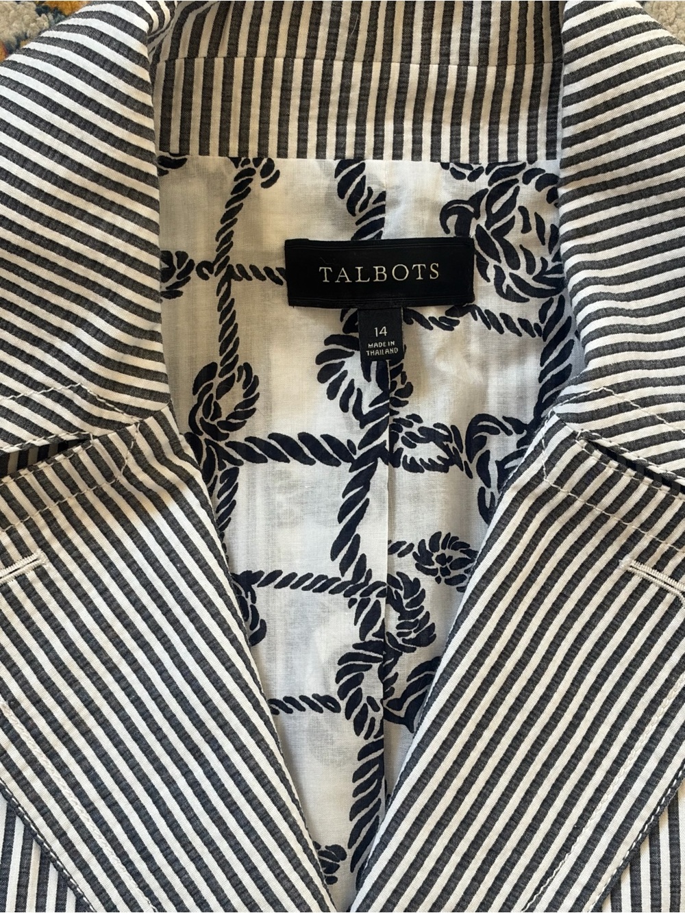 Talbots Navy White Seersucker Pinstripe Blazer Women’s Size 14 Coastal Preppy - Picture 5 of 7